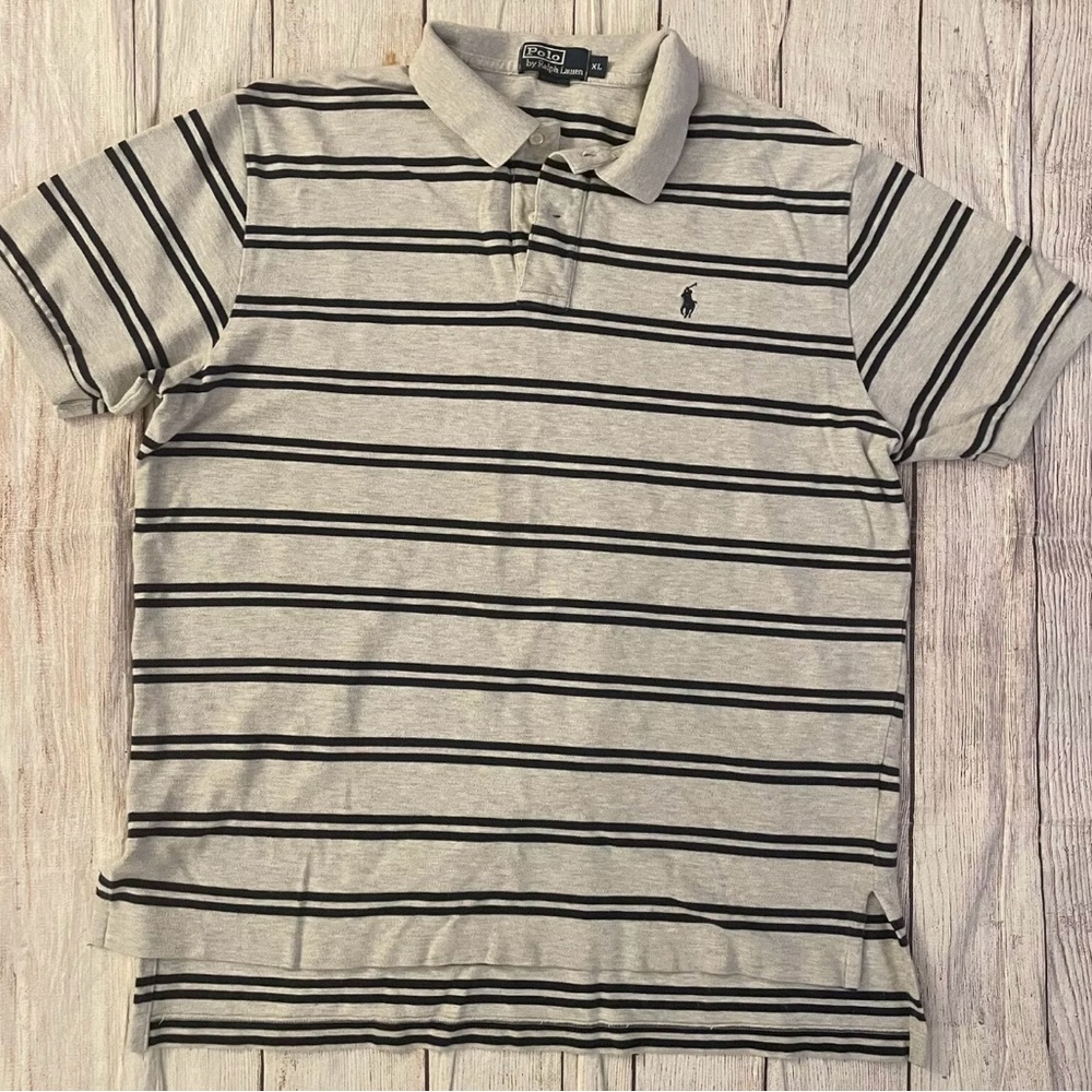 Polo Ralph Lauren Shirt Mens Size XL Light Gray With Navy Blue Stripe Rugby Logo
